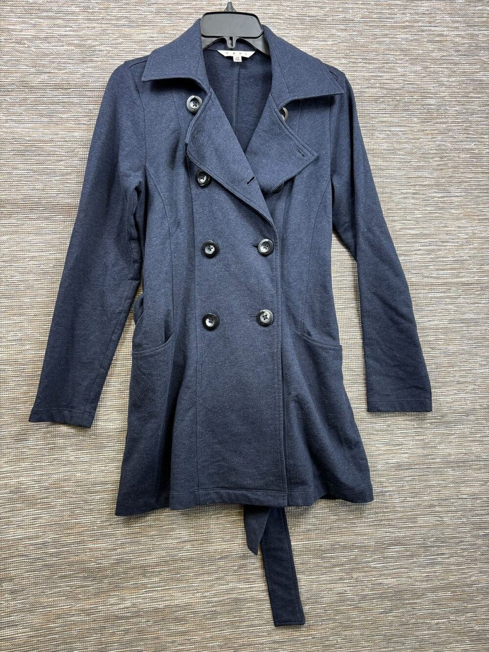 CAbi Coat Womens XS Blue Knit Trench Belted Button Front Mid Length Pockets